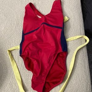Red, navy, and yellow one piece bathing suit!